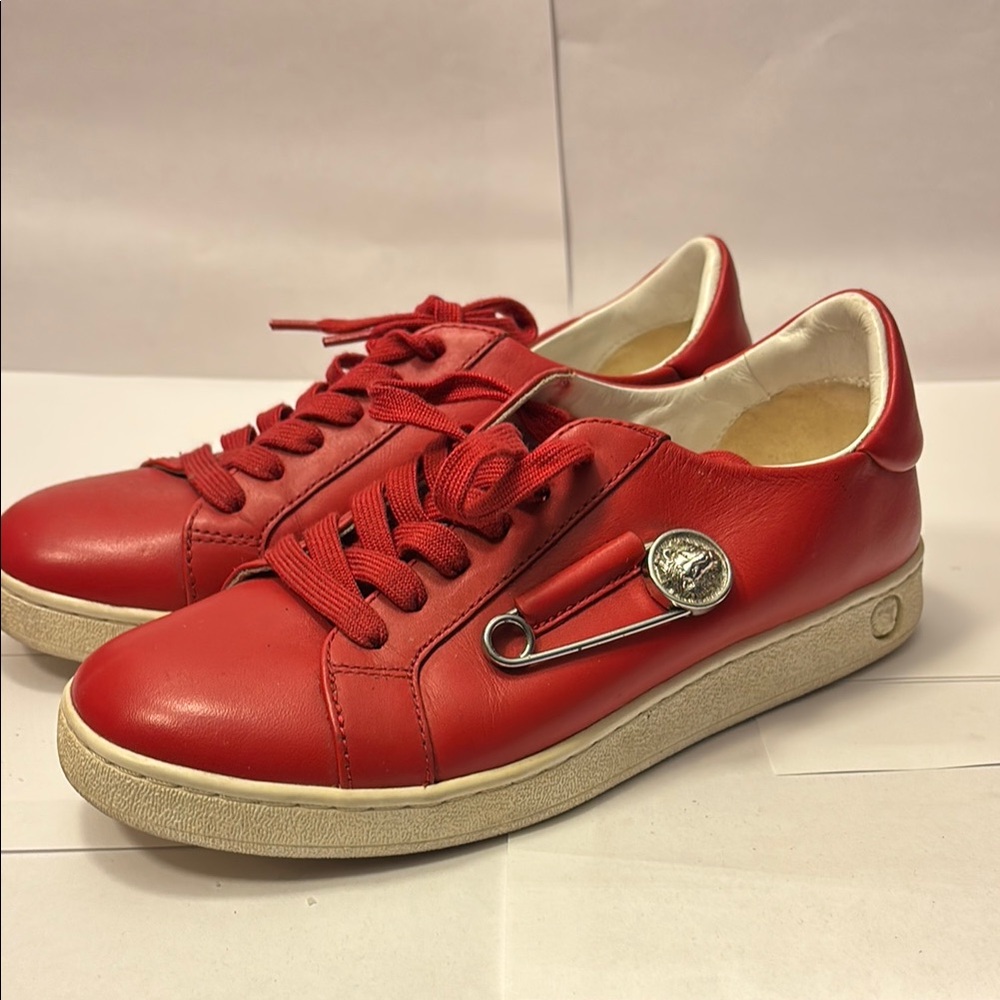 Chic Red Versus Versace Leather Sneakers with Pin Accent